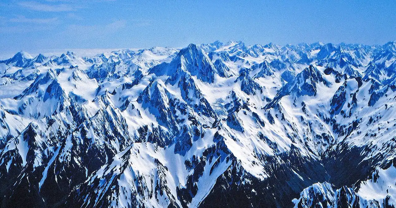 Snow-covered peaks of the Southern Alps seen from the air
